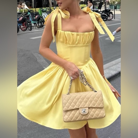 NWT Romantic Yellow Satin Tie-Strap Mini Dress with Corset Back Size S-L - Picture 1 of 7